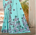 Sangam Prints Turquoise Linen Woven Work Traditional Saree - Distacart