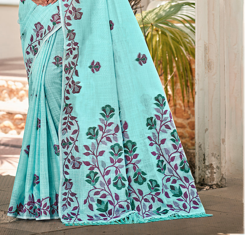 Sangam Prints Turquoise Linen Woven Work Traditional Saree - Distacart