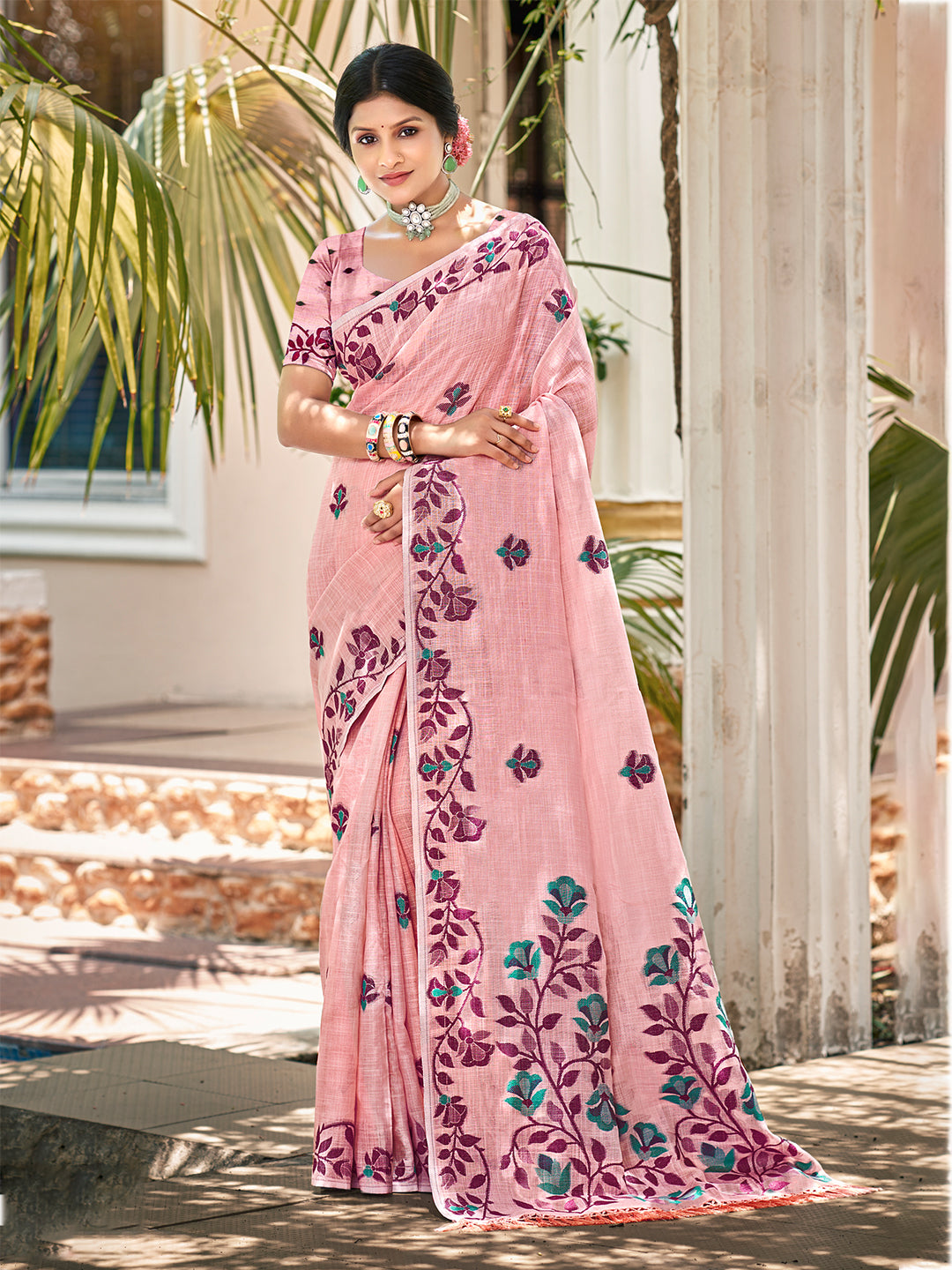 Sangam Prints Light Pink Linen Woven Work Traditional Saree - Distacart