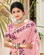 Sangam Prints Light Pink Linen Woven Work Traditional Saree - Distacart
