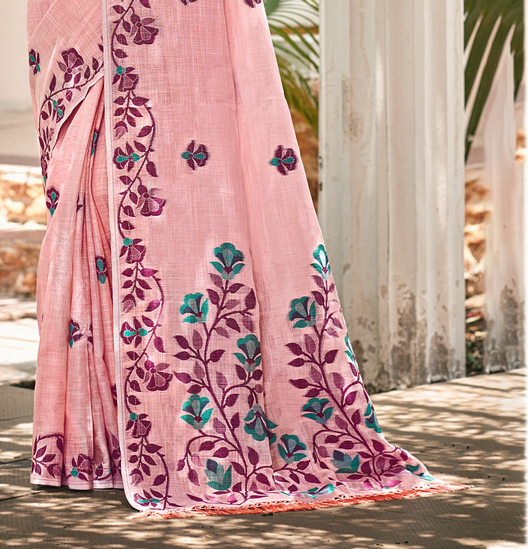 Sangam Prints Light Pink Linen Woven Work Traditional Saree - Distacart