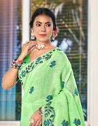 Sangam Prints Light Green Linen Woven Work Traditional Saree - Distacart