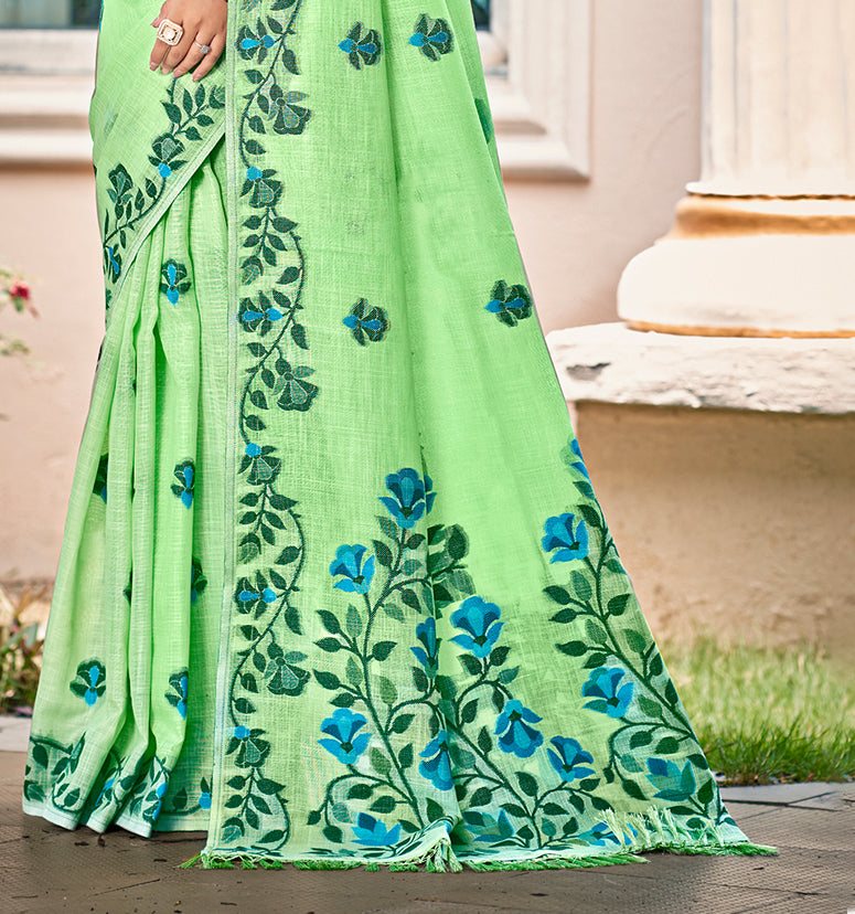 Sangam Prints Light Green Linen Woven Work Traditional Saree - Distacart