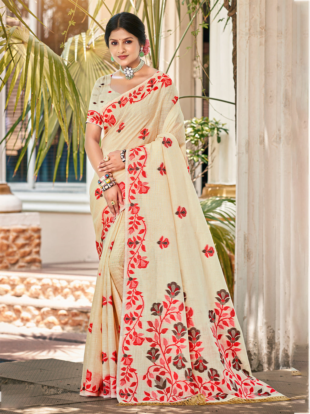 Sangam Prints Cream  Linen Woven Work Traditional Saree - Distacart