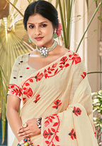 Sangam Prints Cream  Linen Woven Work Traditional Saree - Distacart