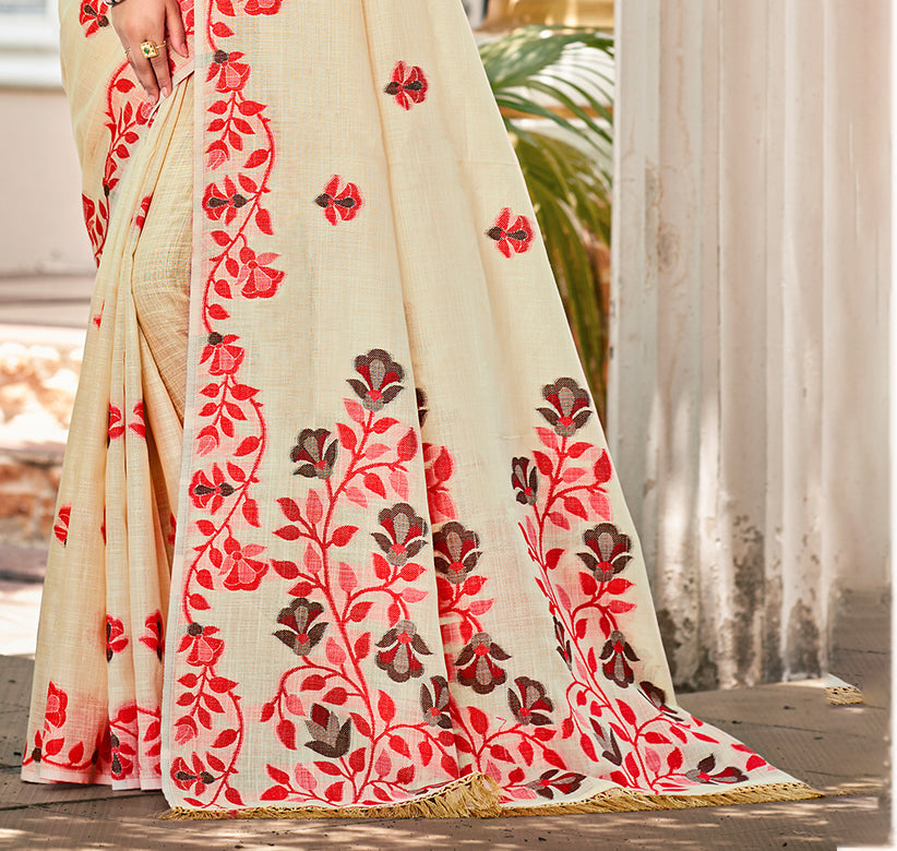 Sangam Prints Cream  Linen Woven Work Traditional Saree - Distacart