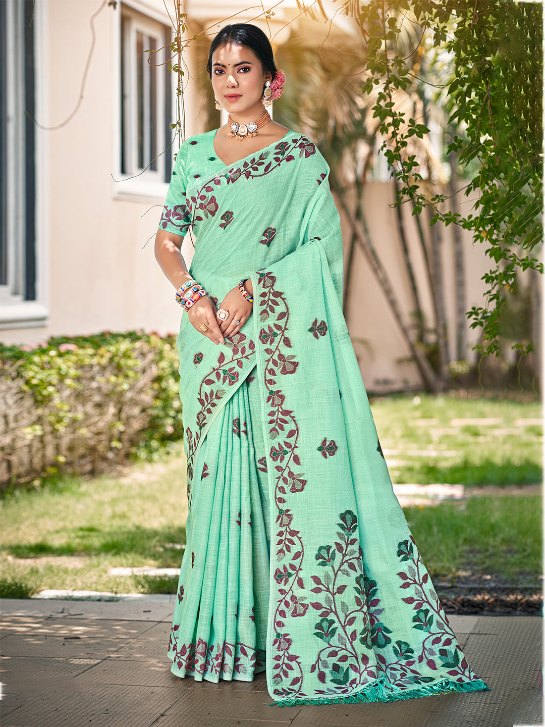 Sangam Prints Mint Green Linen Woven Work Traditional Saree - Distacart