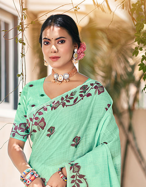 Sangam Prints Mint Green Linen Woven Work Traditional Saree - Distacart