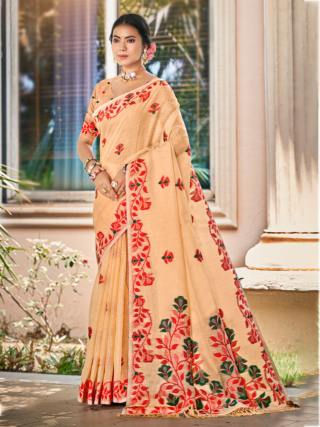 Sangam Prints Peach  Linen Woven Work Traditional Saree - Distacart