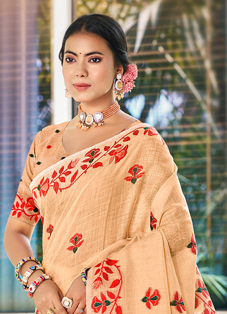 Sangam Prints Peach  Linen Woven Work Traditional Saree - Distacart