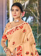 Sangam Prints Peach  Linen Woven Work Traditional Saree - Distacart