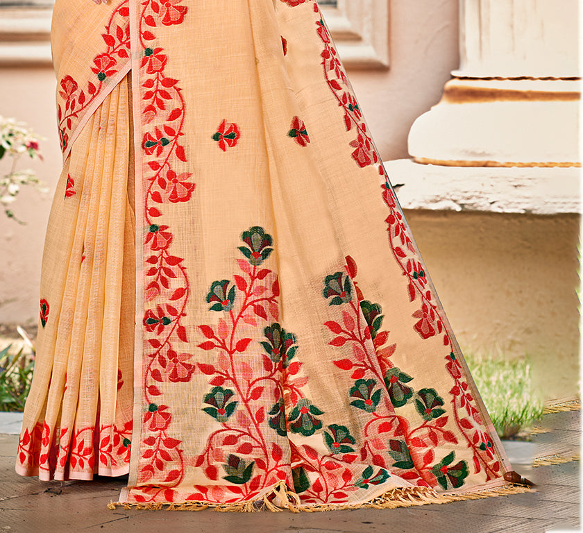 Sangam Prints Peach  Linen Woven Work Traditional Saree - Distacart