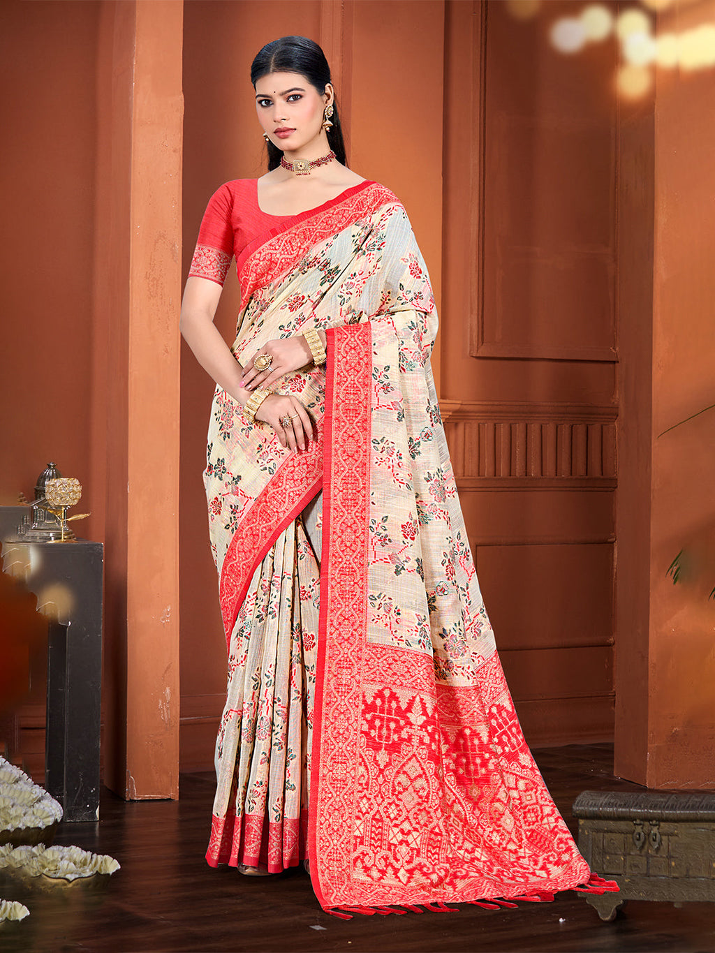 Sangam Prints Beige Cotton Silk With Meena Woven Work Traditional Saree - Distacart