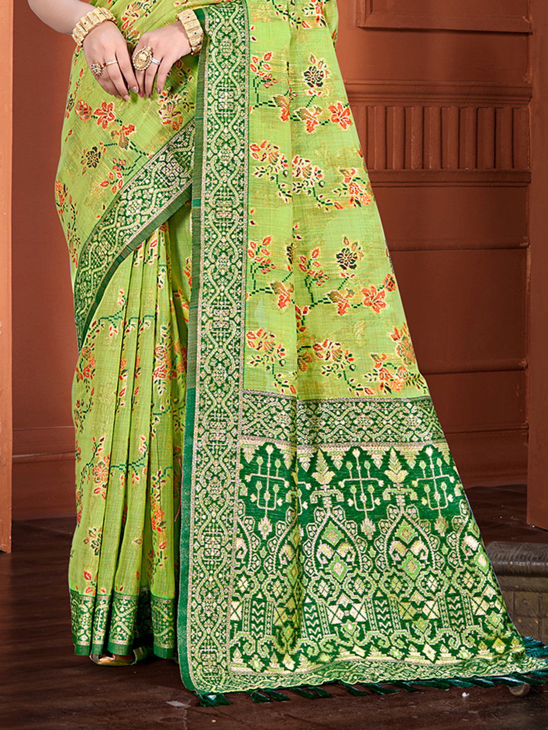 Sangam Prints Green Cotton Silk With Meena Woven Work Traditional Saree - Distacart