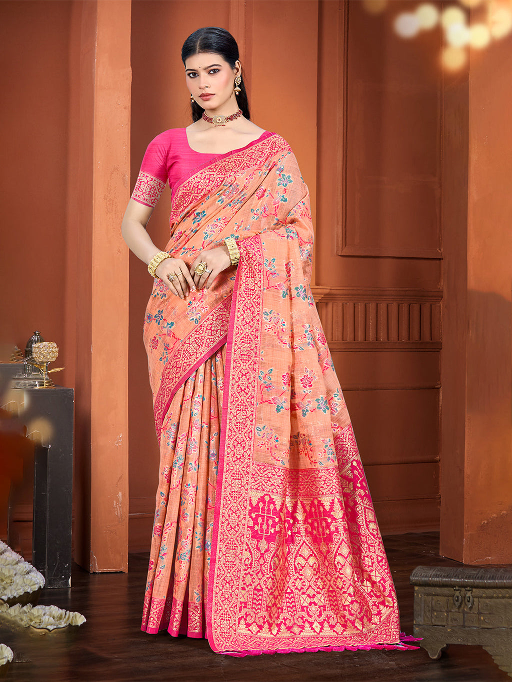 Sangam Prints Peach Cotton Silk With Meena Woven Work Traditional Saree - Distacart