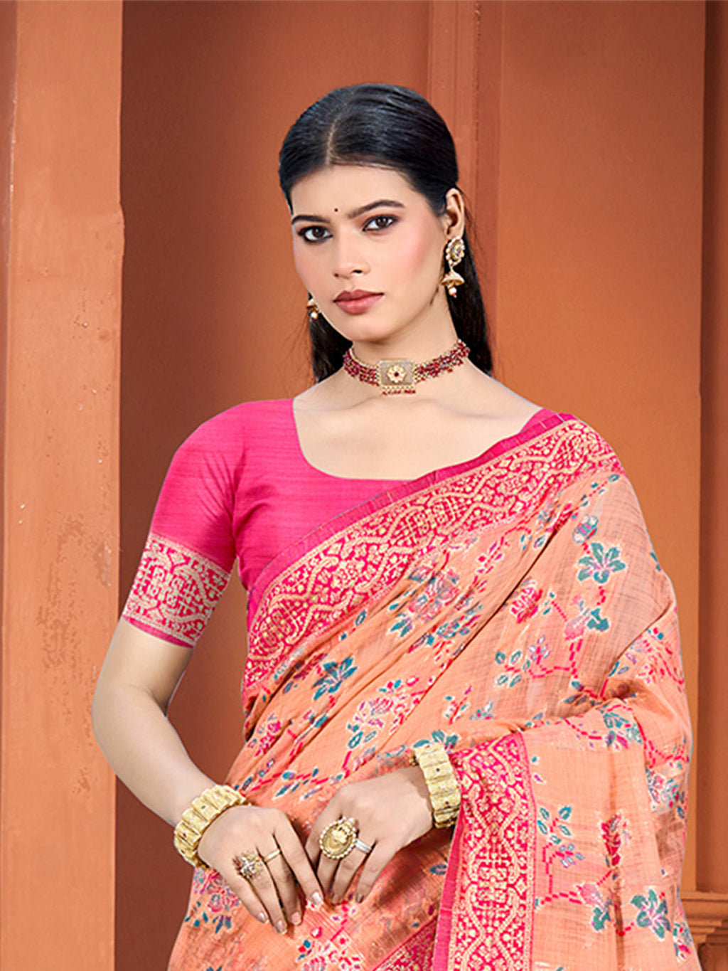 Sangam Prints Peach Cotton Silk With Meena Woven Work Traditional Saree - Distacart