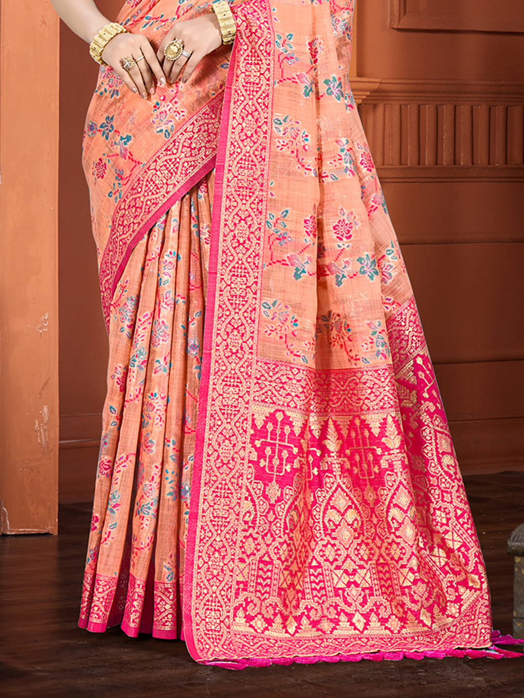 Sangam Prints Peach Cotton Silk With Meena Woven Work Traditional Saree - Distacart