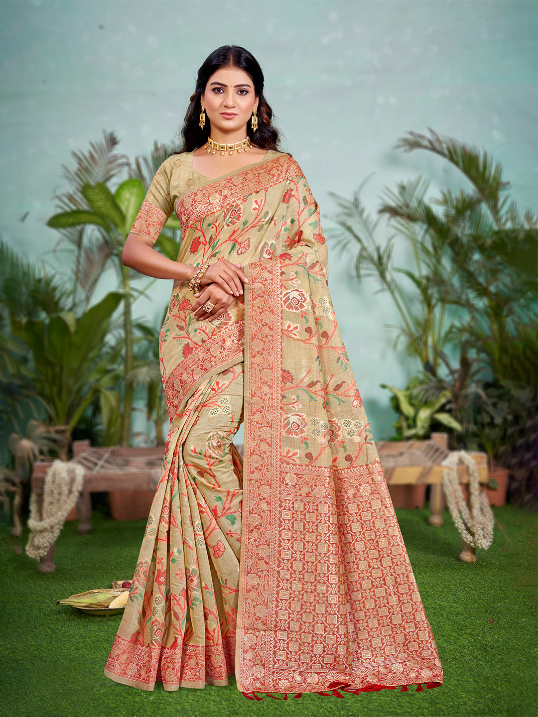 Sangam Prints Beige Cotton Silk With Meena Woven Work Traditional Saree - Distacart