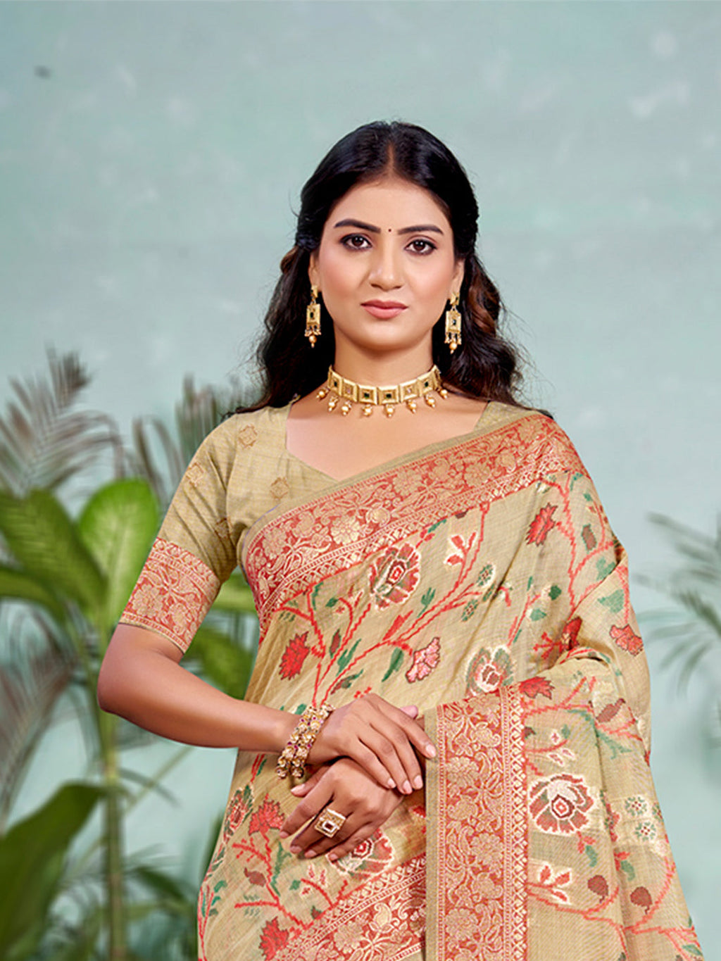 Sangam Prints Beige Cotton Silk With Meena Woven Work Traditional Saree - Distacart