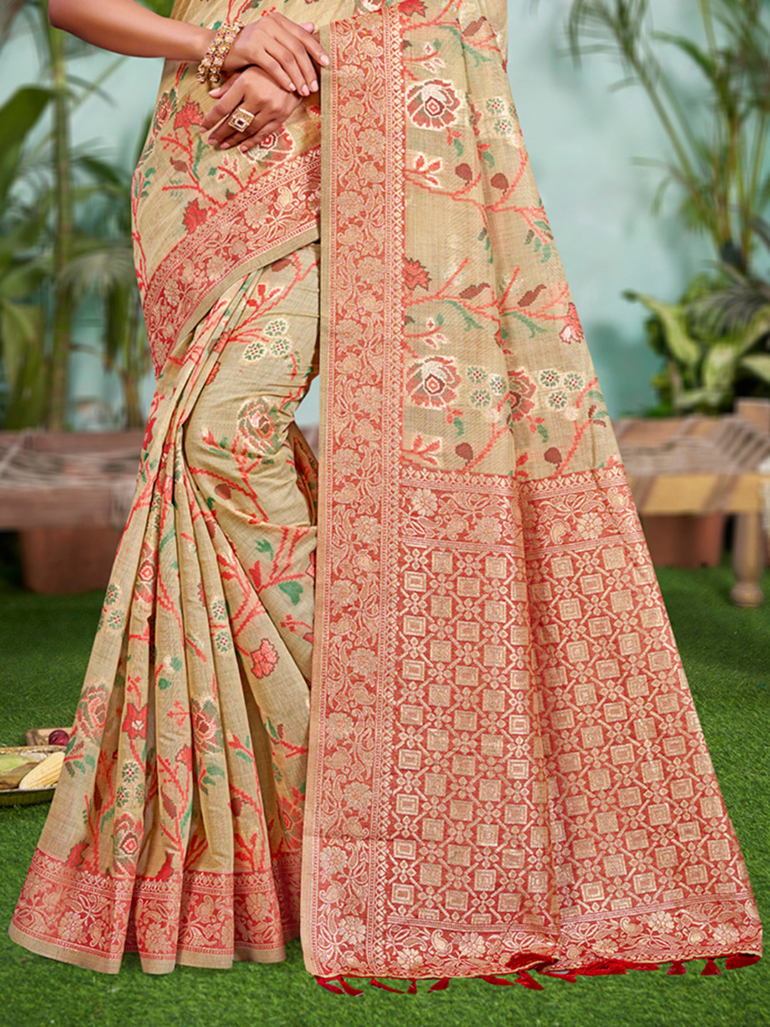 Sangam Prints Beige Cotton Silk With Meena Woven Work Traditional Saree - Distacart