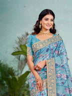 Sangam Prints Sky Blue  Cotton Silk With Meena Woven Work Traditional Saree - Distacart