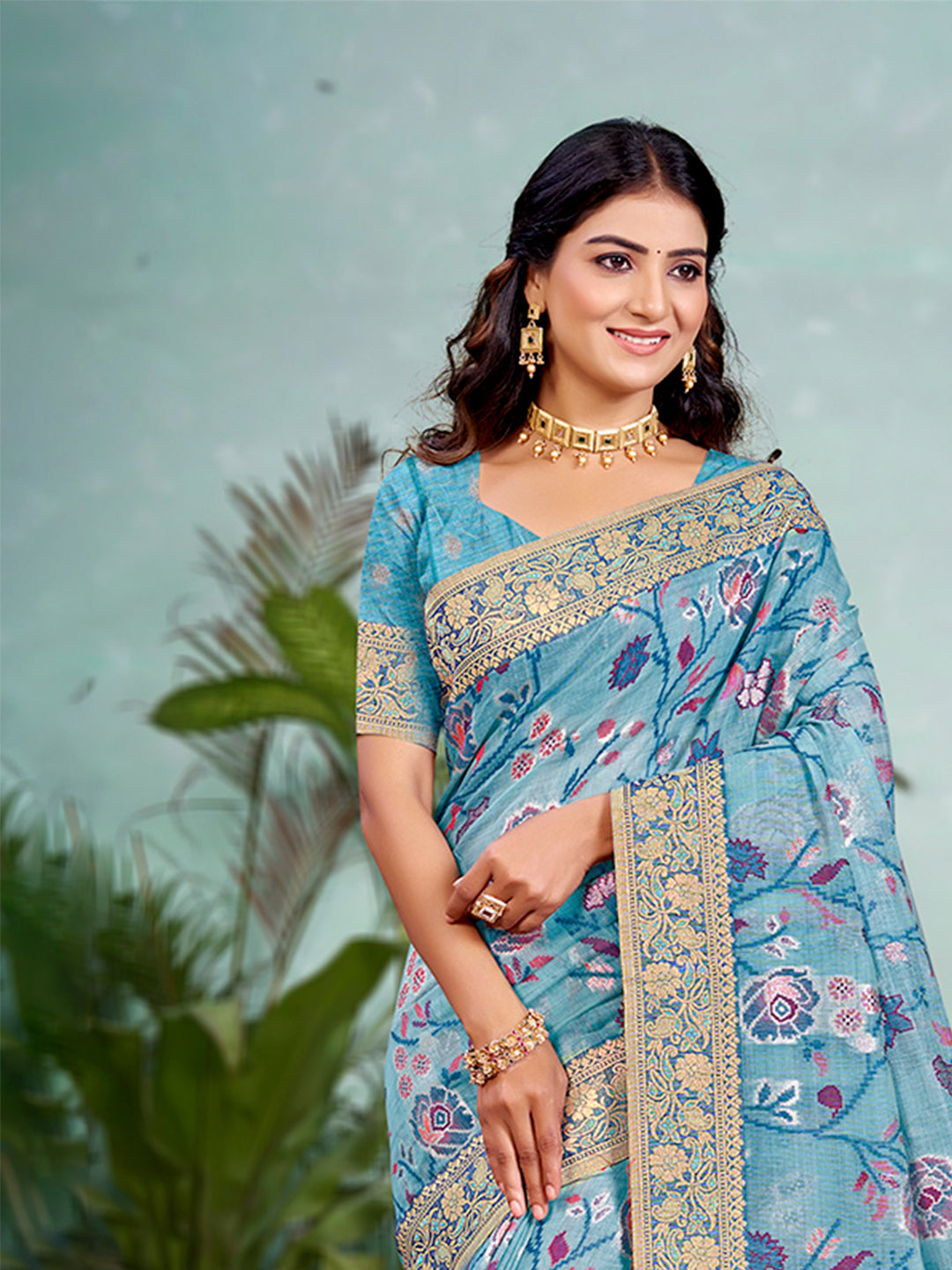 Sangam Prints Sky Blue  Cotton Silk With Meena Woven Work Traditional Saree - Distacart