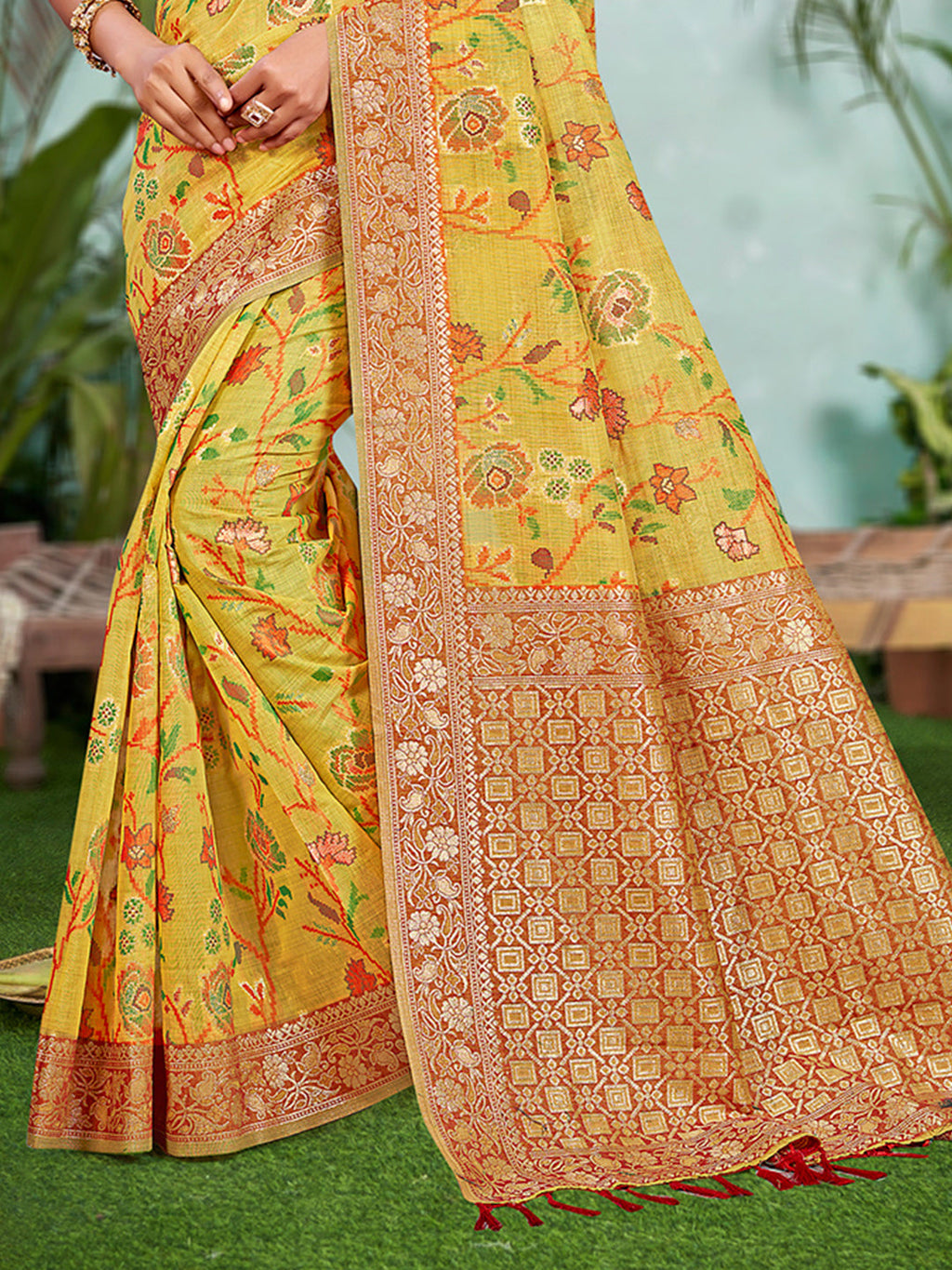 Sangam Prints Yellow Cotton Silk With Meena Woven Work Traditional Saree - Distacart