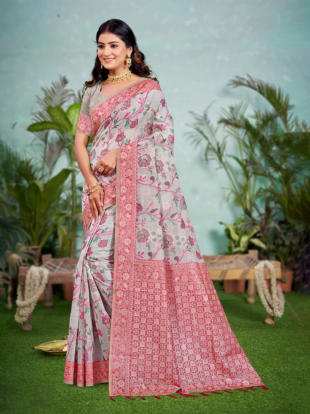 Sangam Prints Gray Cotton Silk With Meena Woven Work Traditional Saree - Distacart