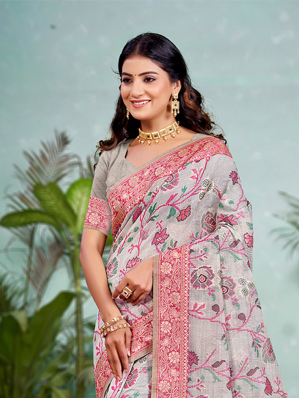 Sangam Prints Gray Cotton Silk With Meena Woven Work Traditional Saree - Distacart