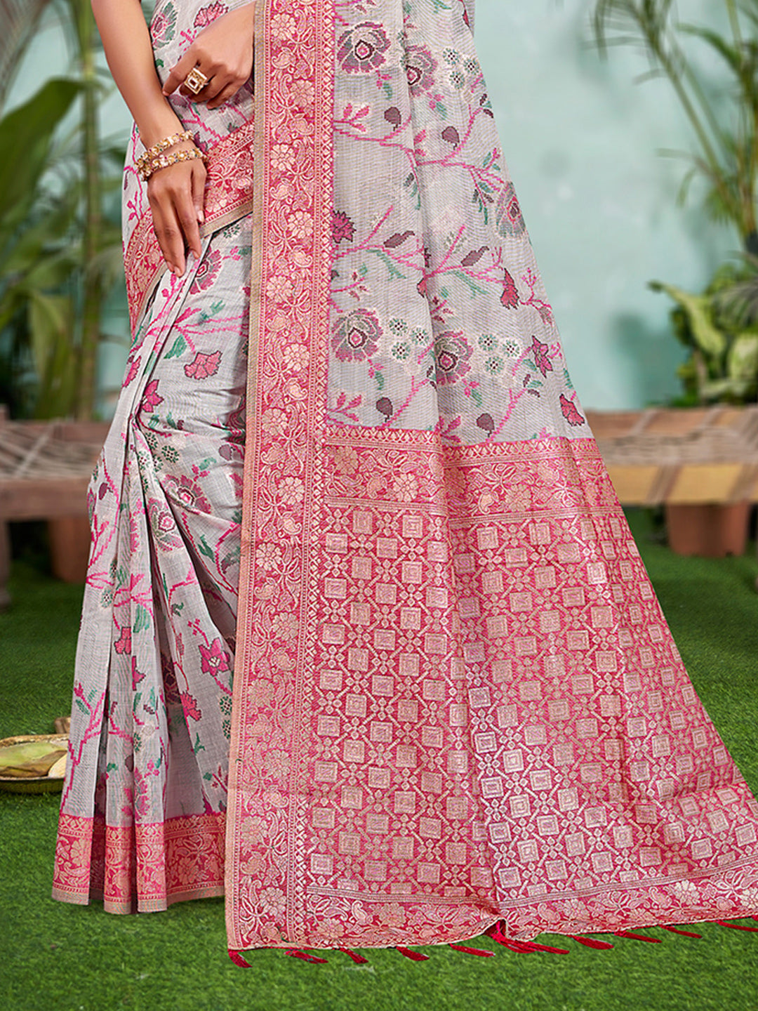 Sangam Prints Gray Cotton Silk With Meena Woven Work Traditional Saree - Distacart