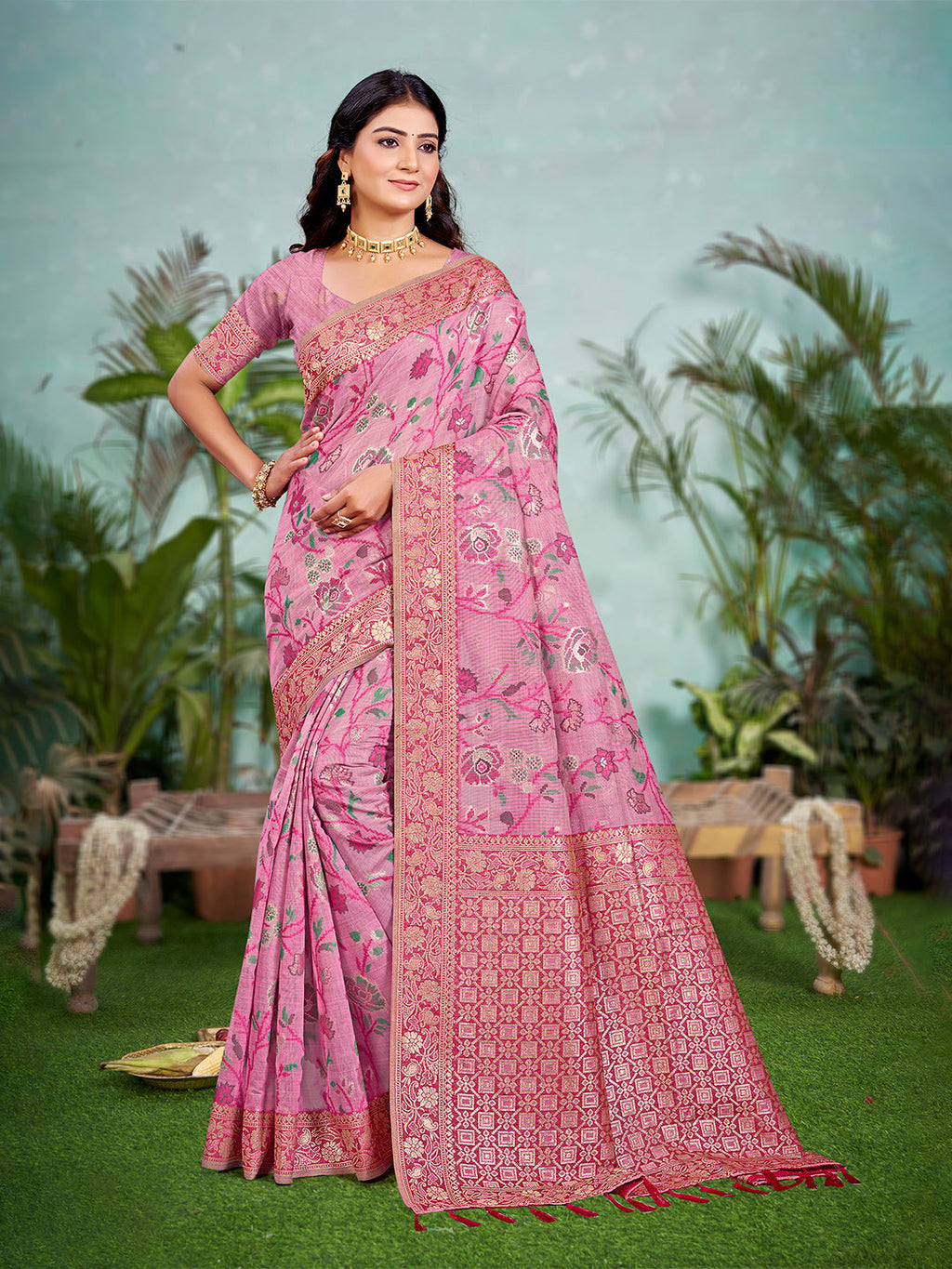 Sangam Prints Pink Cotton Silk With Meena Woven Work Traditional Saree - Distacart