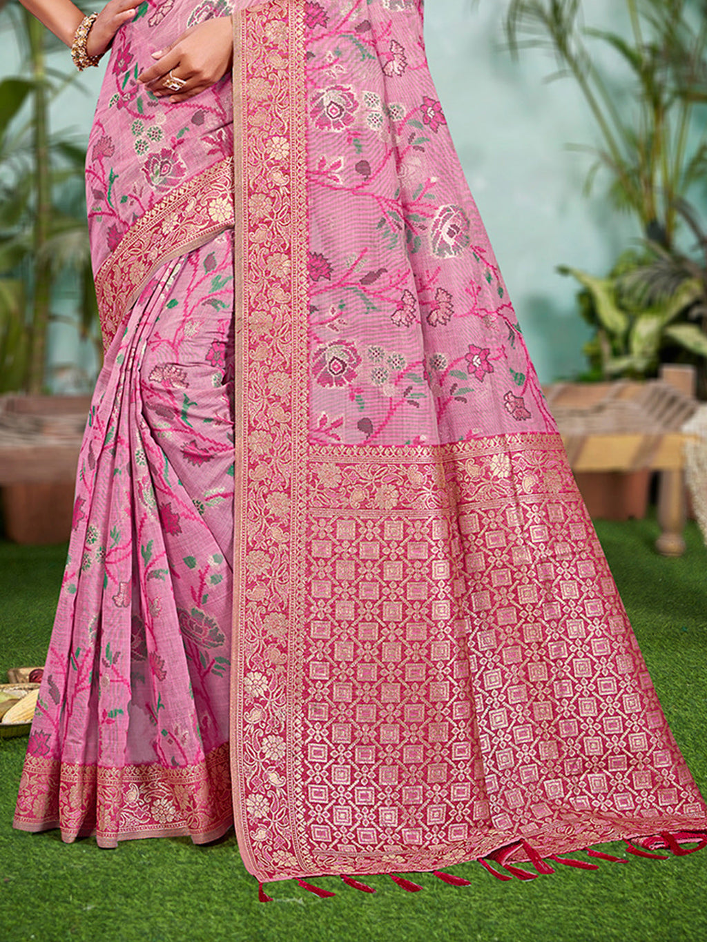 Sangam Prints Pink Cotton Silk With Meena Woven Work Traditional Saree - Distacart