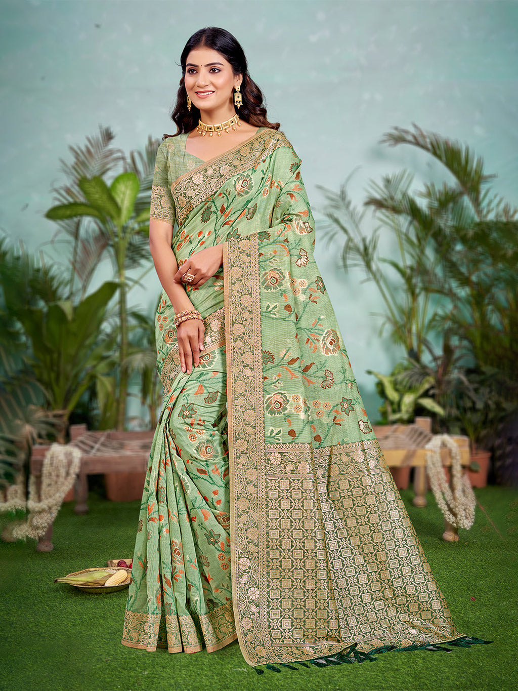 Sangam Prints Light Green Cotton Silk With Meena Woven Work Traditional Saree - Distacart