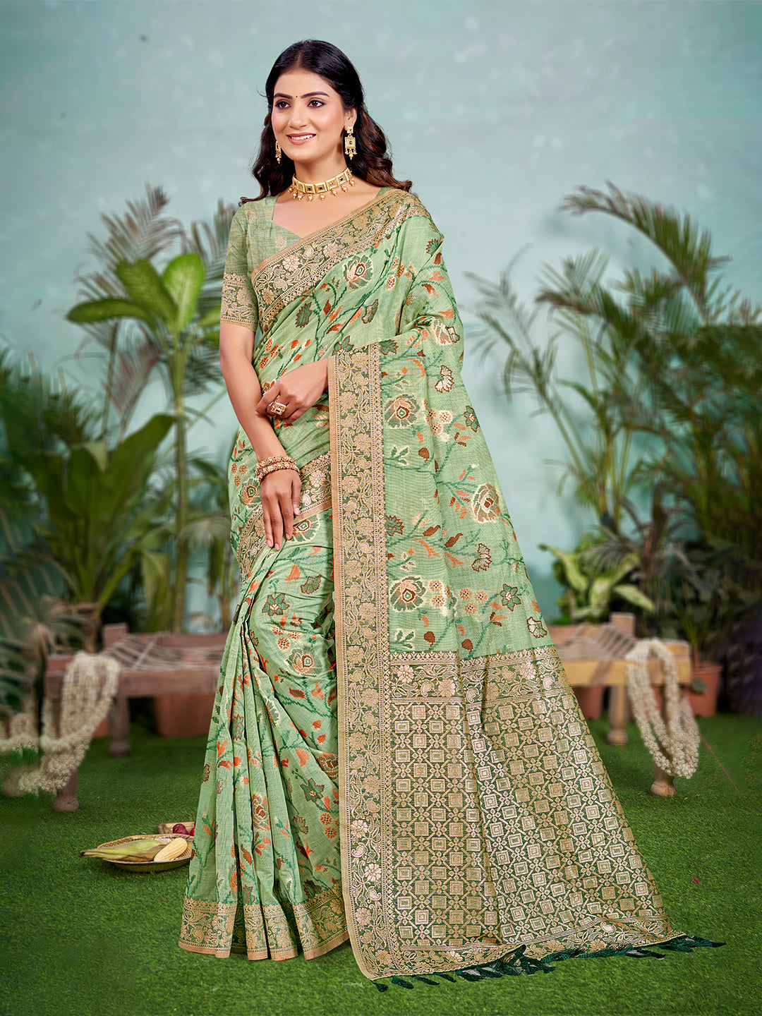 Sangam Prints Light Green Cotton Silk With Meena Woven Work Traditional Saree - Distacart