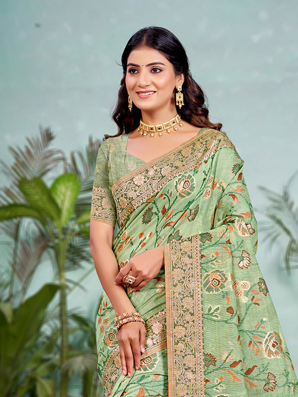 Sangam Prints Light Green Cotton Silk With Meena Woven Work Traditional Saree - Distacart