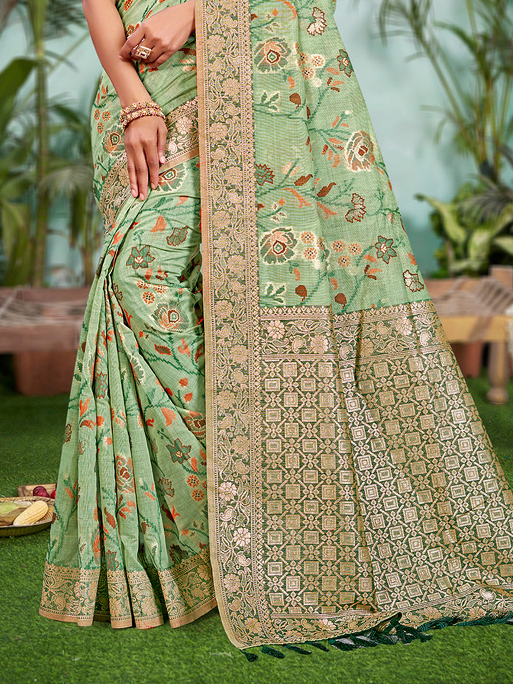 Sangam Prints Light Green Cotton Silk With Meena Woven Work Traditional Saree - Distacart