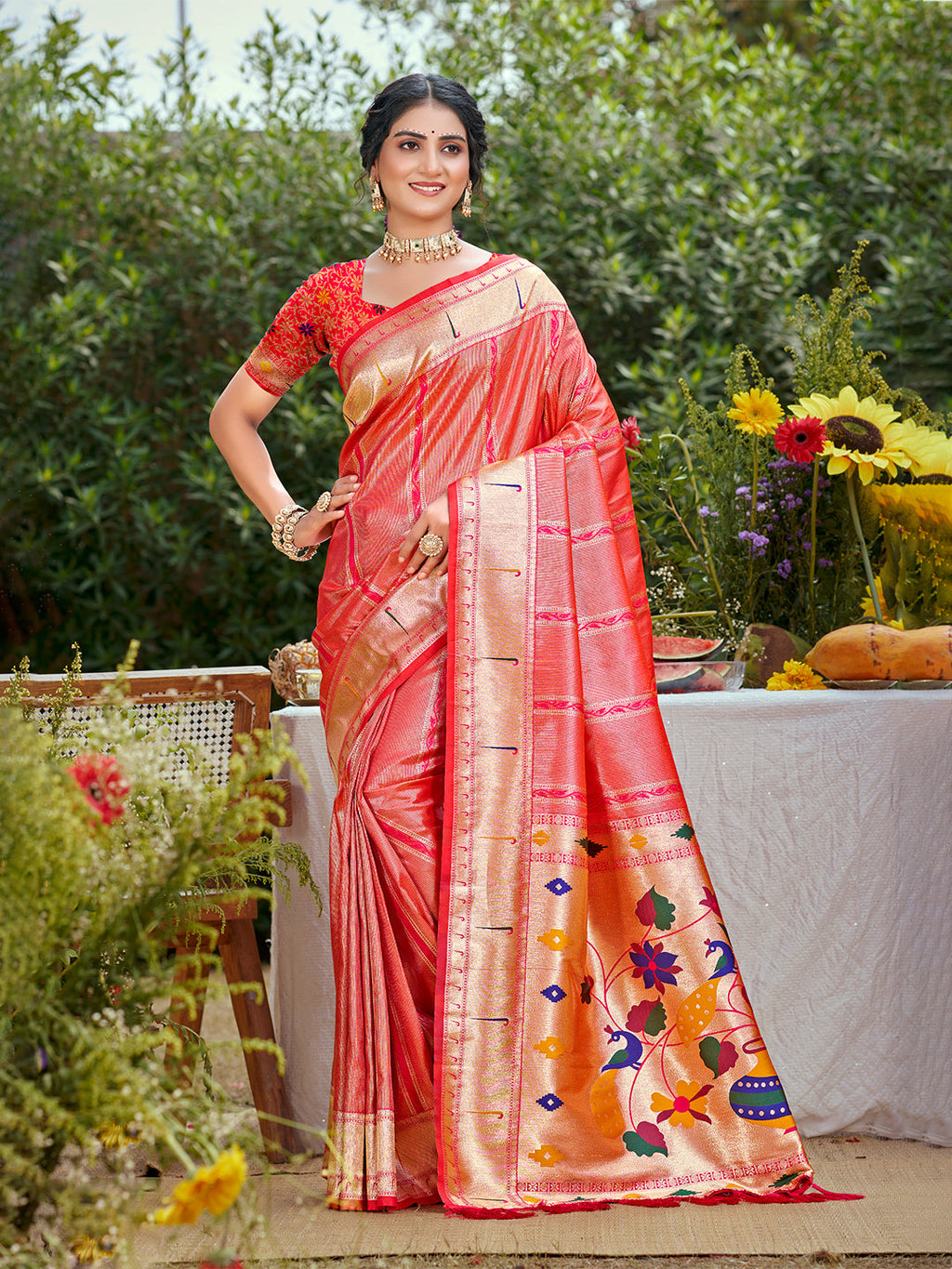 Sangam Prints Coral Pink Silk Woven Work Traditional Saree - Distacart