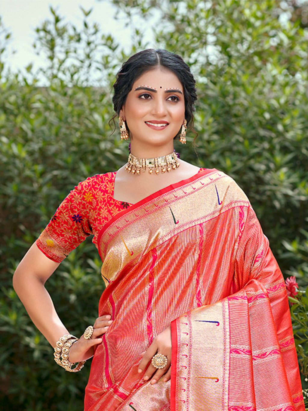 Sangam Prints Coral Pink Silk Woven Work Traditional Saree - Distacart