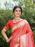 Sangam Prints Coral Pink Silk Woven Work Traditional Saree - Distacart