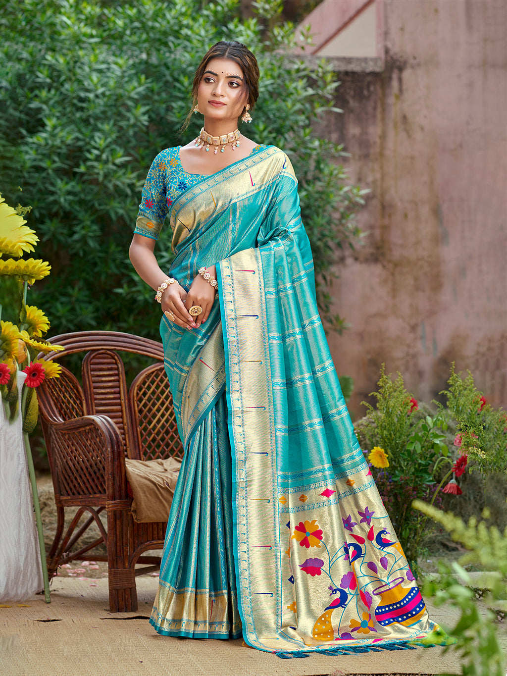 Sangam Prints Teal Green  Silk Woven Work Traditional Saree - Distacart