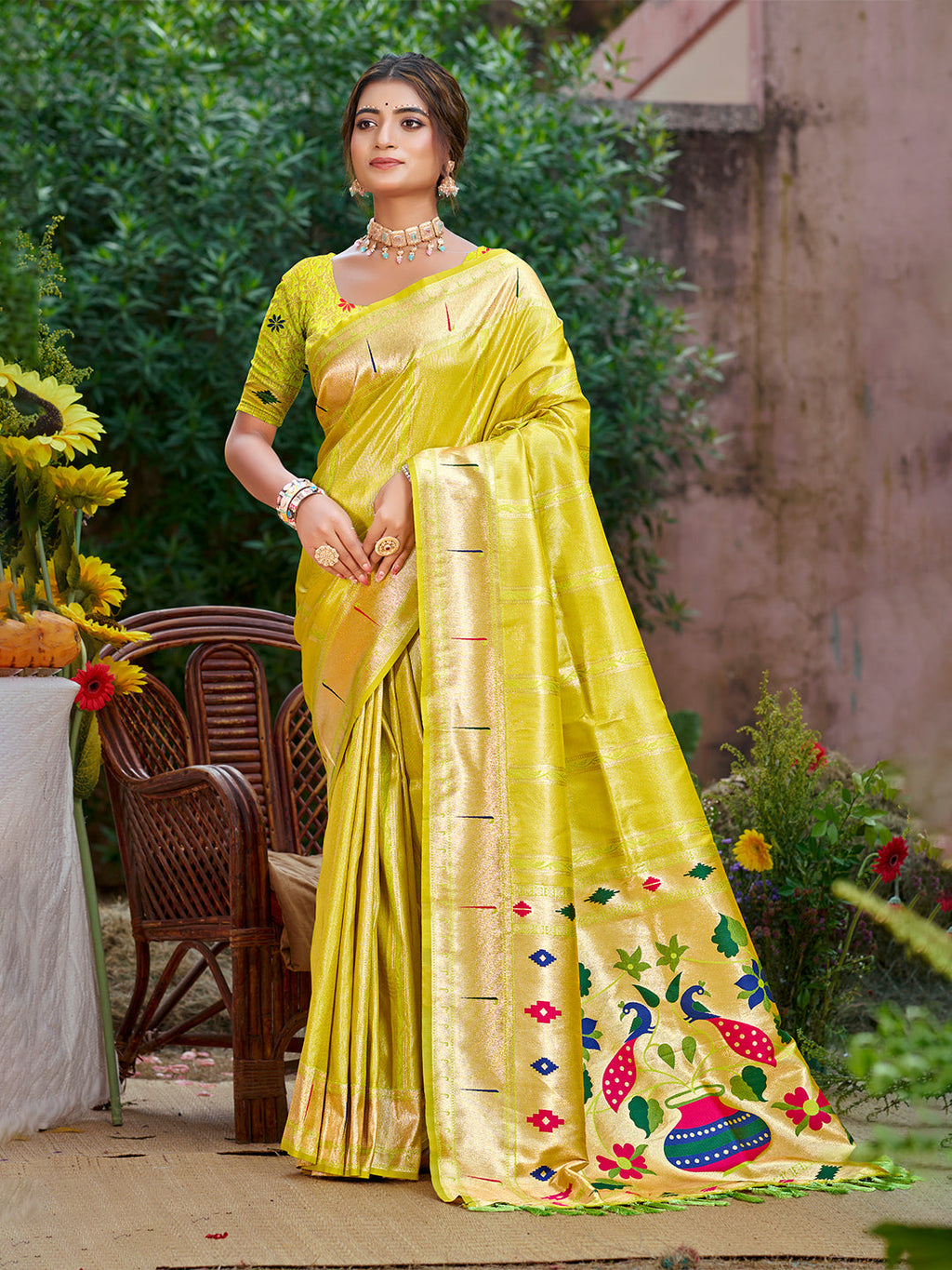 Sangam Prints Lemon Yellow Silk Woven Work Traditional Saree - Distacart