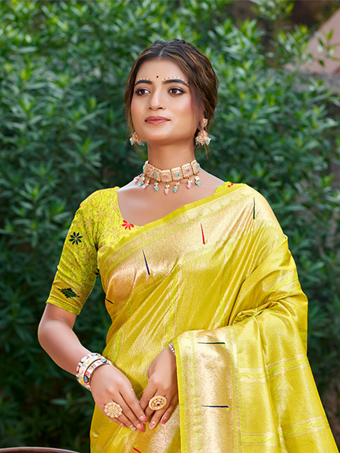 Sangam Prints Lemon Yellow Silk Woven Work Traditional Saree - Distacart
