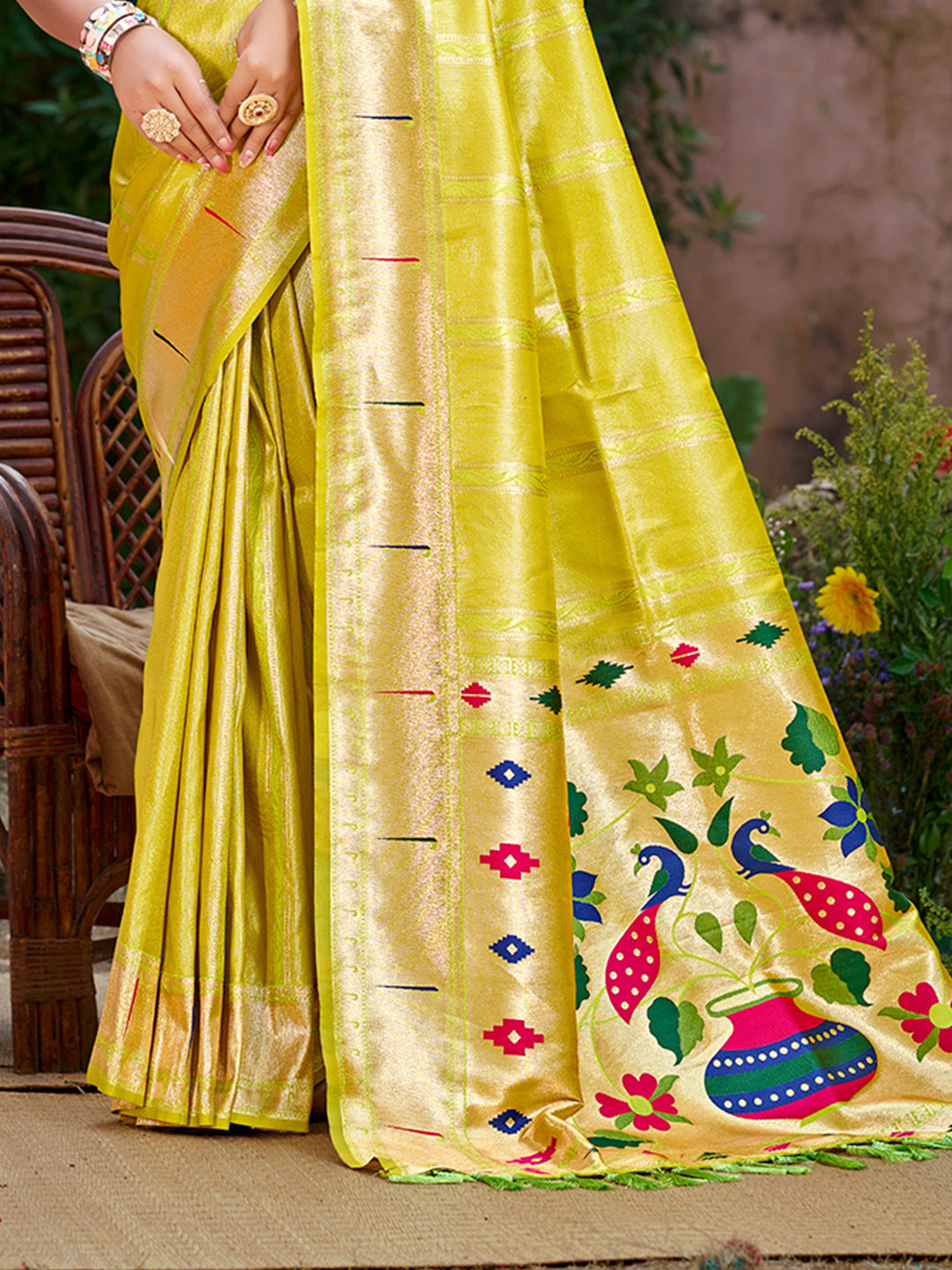 Sangam Prints Lemon Yellow Silk Woven Work Traditional Saree - Distacart