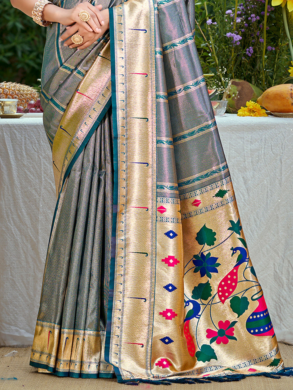 Sangam Prints Gray Silk Woven Work Traditional Saree - Distacart