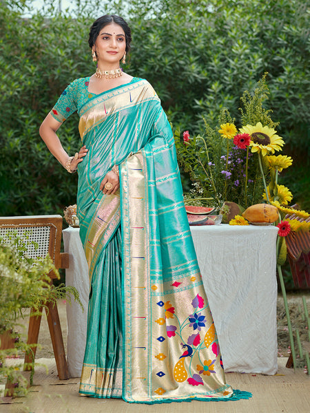 Sangam Prints Teal Blue Silk Woven Work Traditional Saree