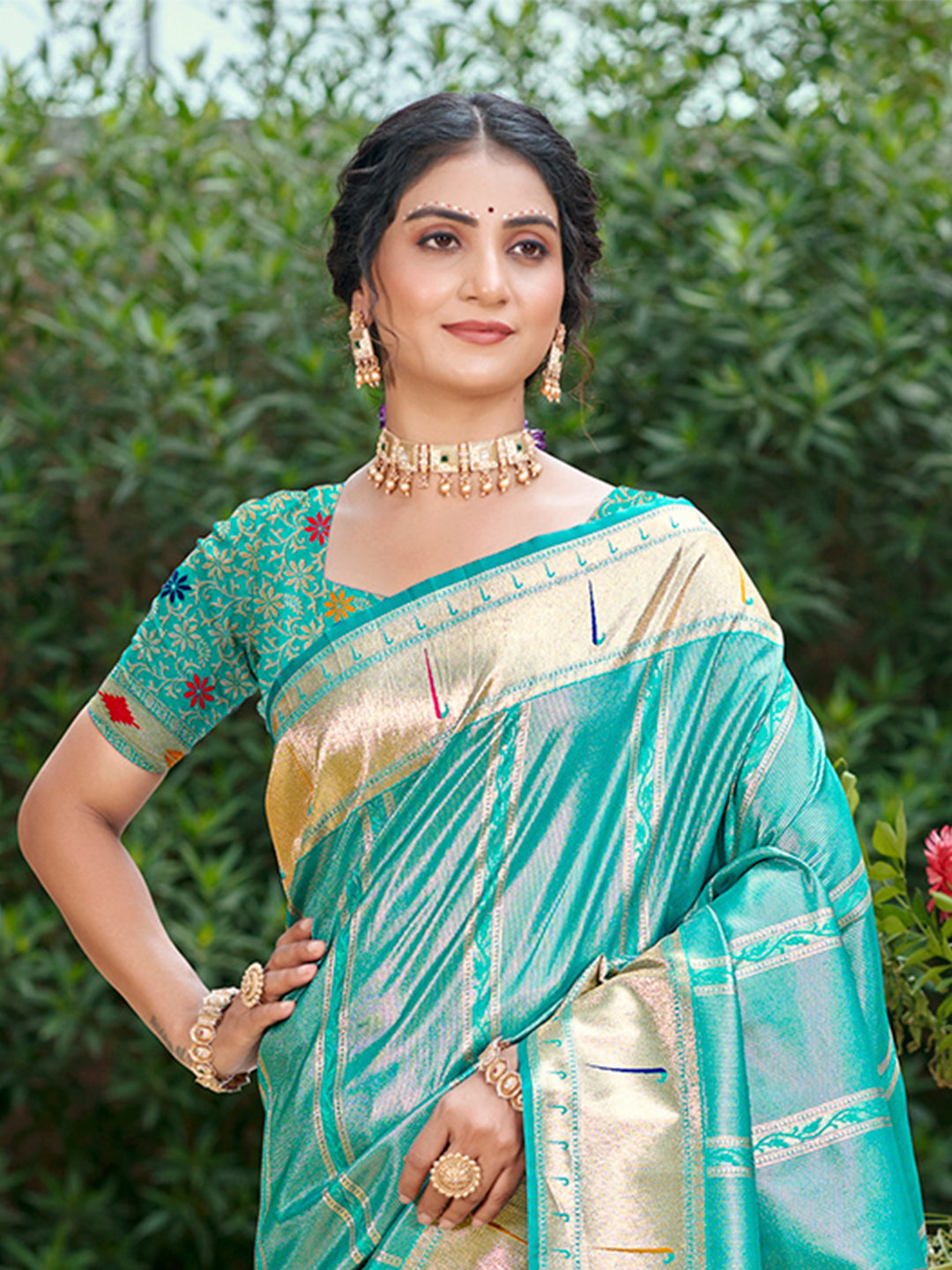Sangam Prints Teal Blue Silk Woven Work Traditional Saree - Distacart