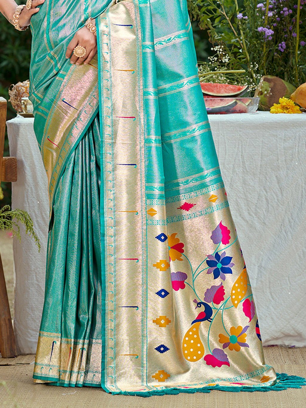 Sangam Prints Teal Blue Silk Woven Work Traditional Saree - Distacart