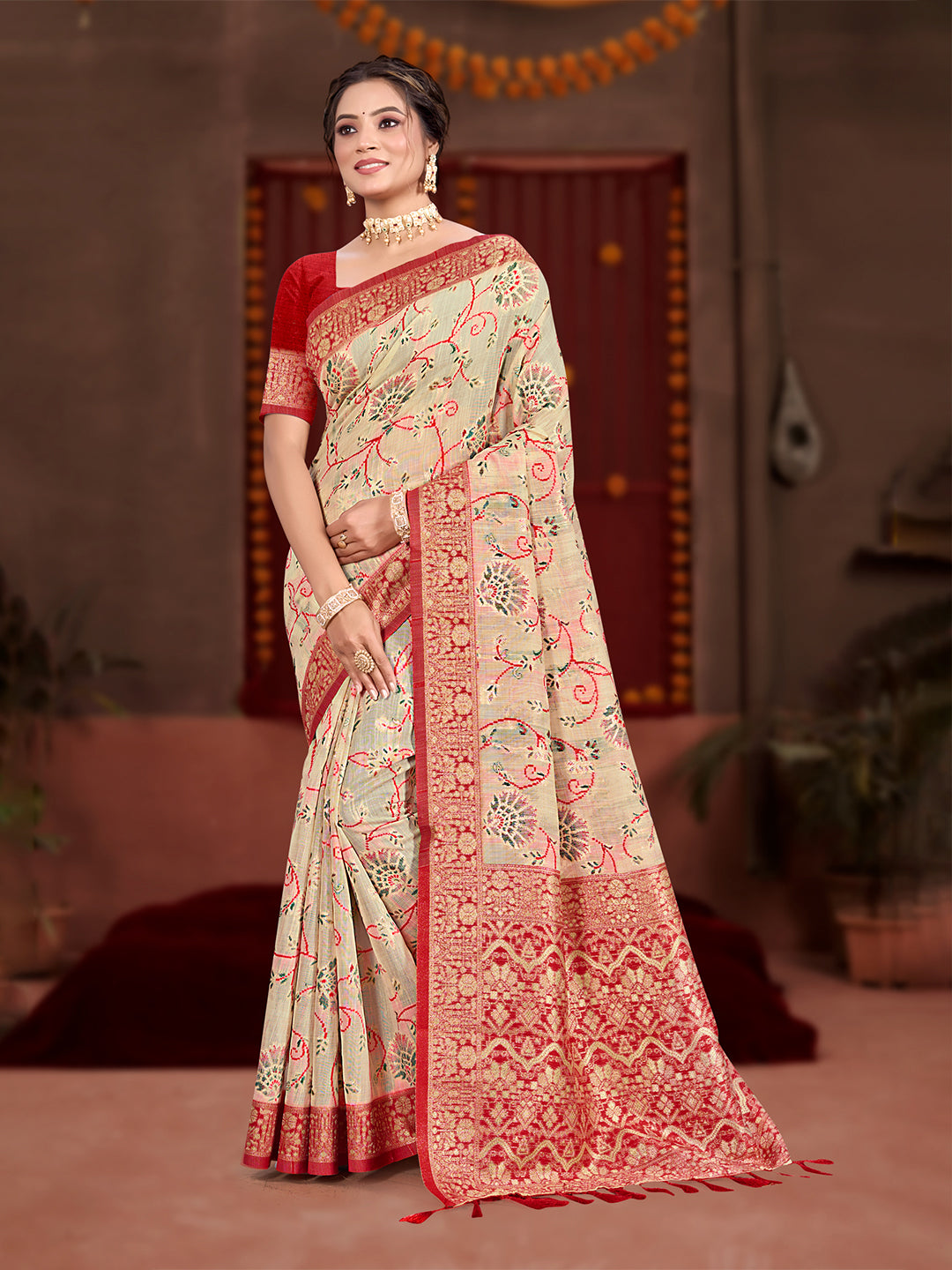 Sangam Prints Cream Cotton Silk With Meena Woven Work Traditional Saree - Distacart