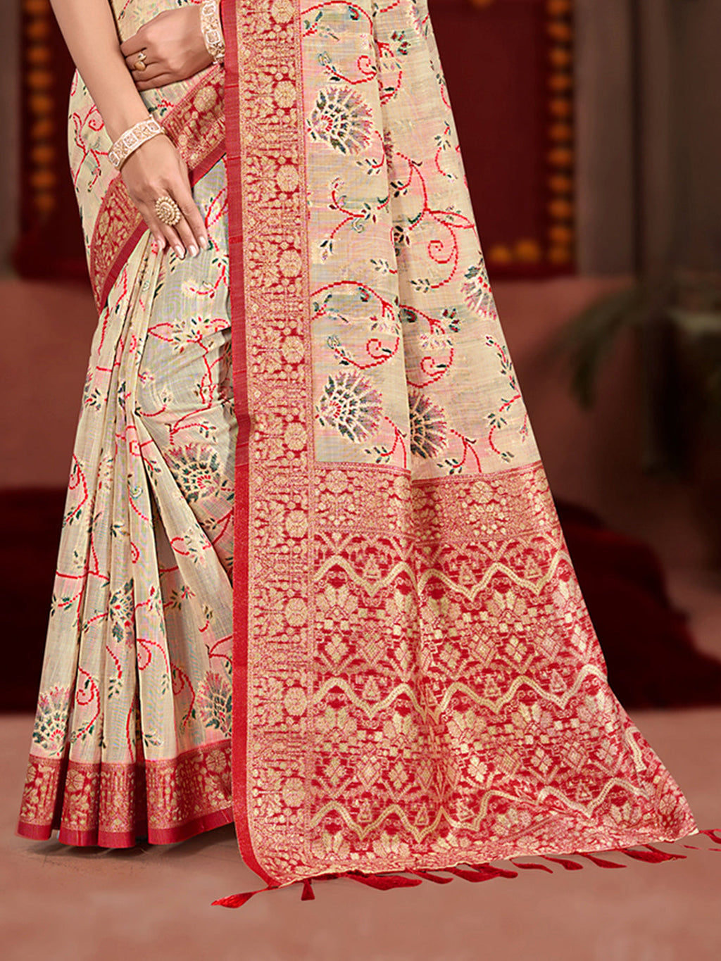 Sangam Prints Cream Cotton Silk With Meena Woven Work Traditional Saree - Distacart