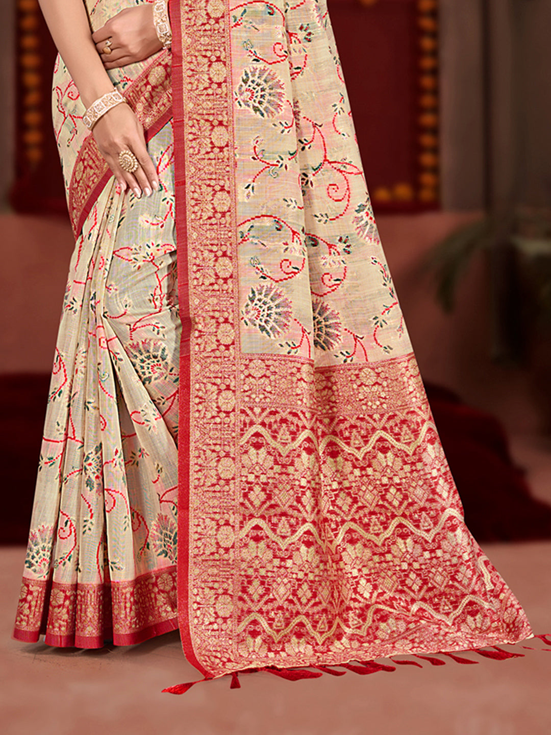 Sangam Prints Cream Cotton Silk With Meena Woven Work Traditional Saree - Distacart